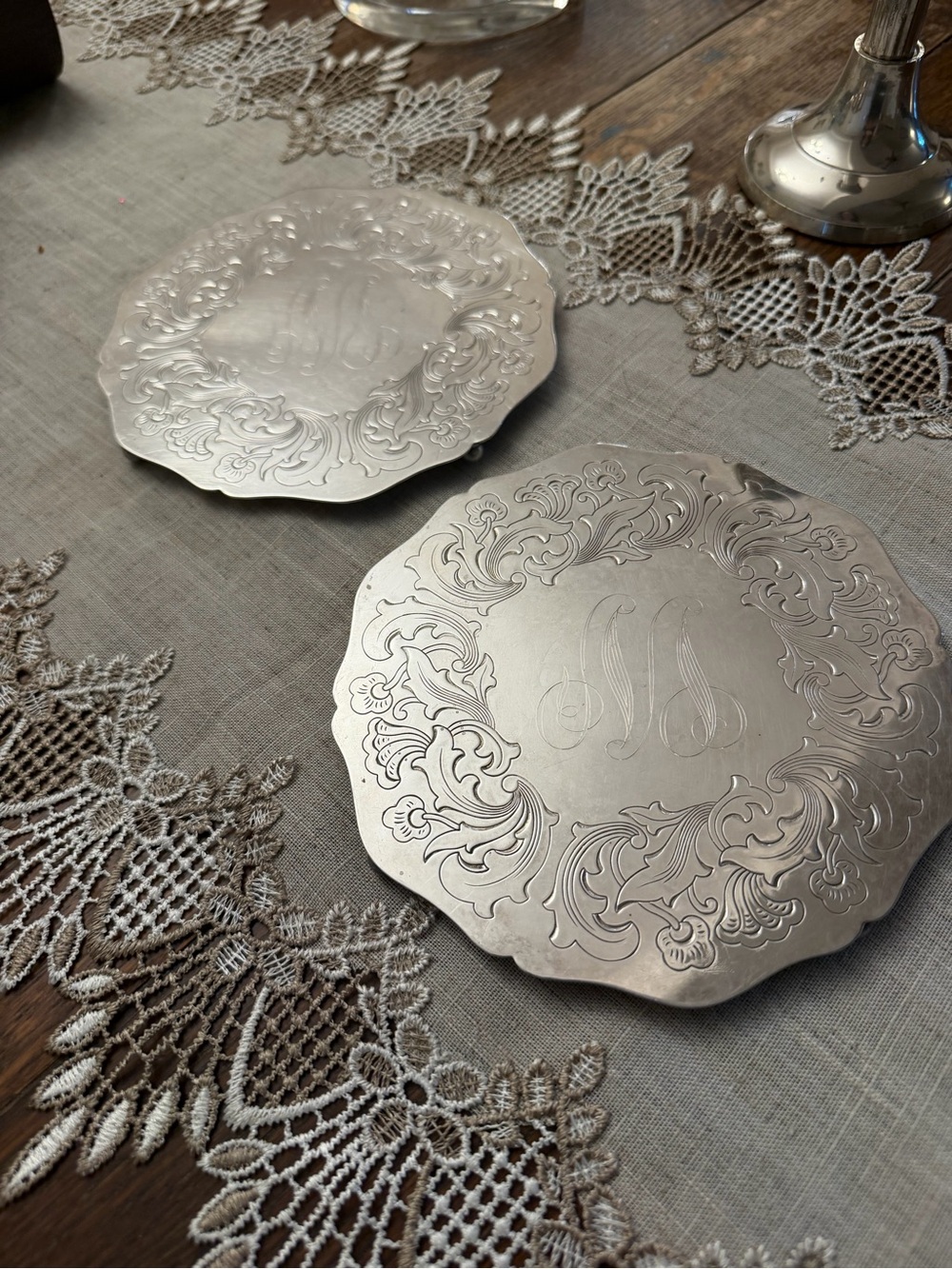 Vintage Silver Plated Footed Trivets Set of 2, Etched Scrollwork Monogram “M”